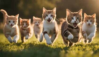 Fototapeta premium A playful group of cats running across a grassy field on a sunny afternoon