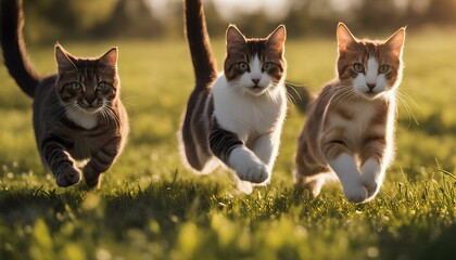 A playful group of cats running across a grassy field on a sunny afternoon