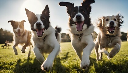 A playful group of three dogs run joyfully through a grassy park on a sunny afternoon