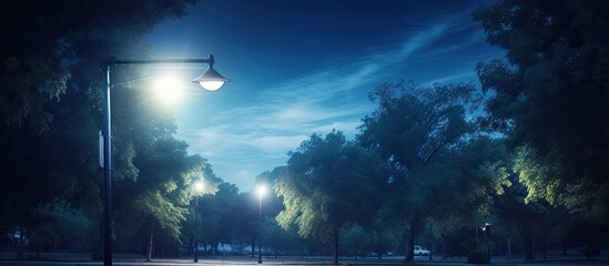 Solar street light in park harnesses sunlight to generate renewable electricity.