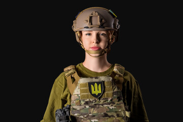 Young female soldier on black background