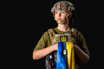 Young female soldier with flag of Ukraine and military tag on dark background