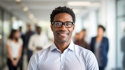 Portrait of confident businessman, dark skin, short hair, glasses at creative office with colleagues discussing - obrazy, fototapety, plakaty