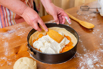 Chef puts cottage cheese in a mold to prepare apricot cheesecake.