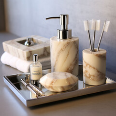 AI generated . Bath accessories on a white background. Shower gel, soap, shampoo, cream. Wicker basket with rolls of toilet paper on table, closeup. bathroom