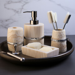 AI generated . Bath accessories on a white background. Shower gel, soap, shampoo, cream. Wicker basket with rolls of toilet paper on table, closeup. bathroom