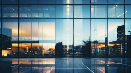 modern buildings in big cities,Reflection of Illuminated office building in glass office  - obrazy, fototapety, plakaty