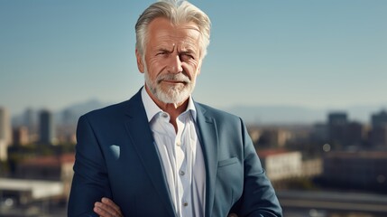 Senior businessman standing with arms crossed on rooftop ,Confident man, business concept, success, goals
