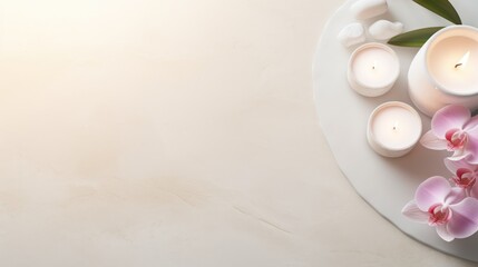 Spa background with a space for a text top view ,Spa product are placed in luxury spa resort room 