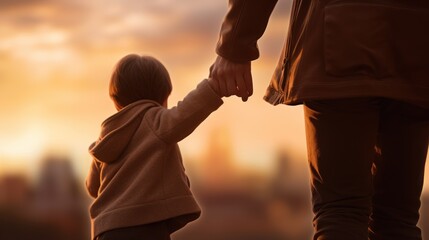 Happy family concept, father holding hands with son during sunset - obrazy, fototapety, plakaty