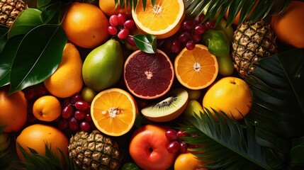 Naklejka na ściany i meble Top-down view Assortment of tropical fruits with palm leaves 