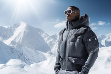 Fototapeta na wymiar Cold winter male men person travel outdoors mountains vacation portrait snow nature