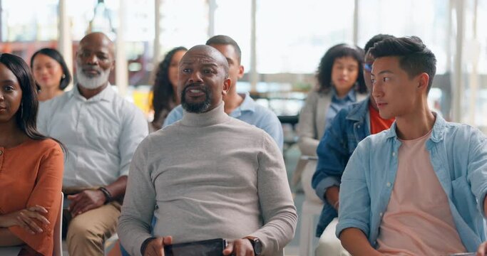 Group, meeting and business people at a seminar with questions, training and learning in a workshop. Audience, diversity and employees with a solidarity vote during a corporate conference together