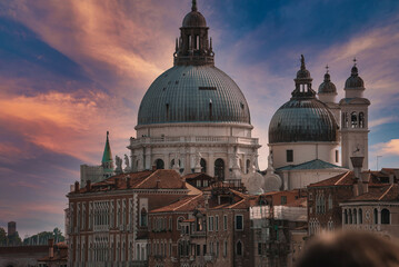 View from Campanile di San Marco to Basilica of St Mary of Health or Basilica di Santa Maria della Salute at summer morning in Venice, Italy