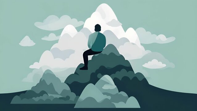A person with a relaxed posture and eyes closed rendered in soothing blues and greens sitting atop a mountain Psychology emotions concept. .