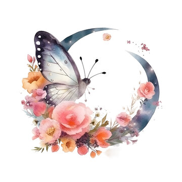 Watercolor cute clipart butterfly with crescent moon flowers on transparent background. sublimation, tshirt, mug, pillow, tumbler, print