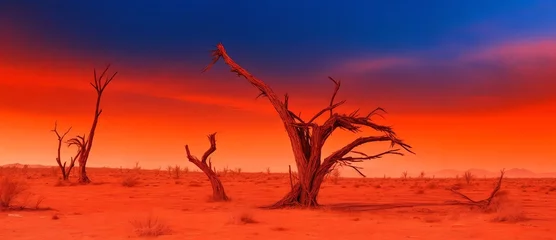 Papier Peint photo autocollant Rouge Dried grass and dead trees landscape on desert background and red sky from Generative AI
