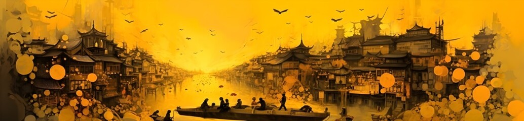 Yellow background with a detailed matte painting, featuring a vibrant yellow tone dominating the canvas, creating a powerful visual impact. Emphasizing a matte background enhances the richness.