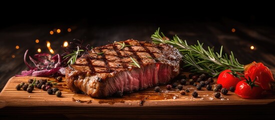 Wooden table with grilled beef steak