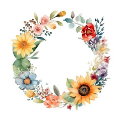 Obraz na płótnie Canvas Watercolor cute clipart floral wreath with flowers and leave on transparent background. sublimation, tshirt, mug, pillow, tumbler, print