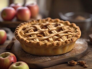 apple pie on a rustic wooden table, captured 
celebrating National Pie Day.