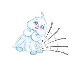 Watercolor illustration of a little cute ghost and a black web. Halloween spirit isolated on white background. Concept design for poster, card, banner, clothing, wallpaper, wrapping paper,