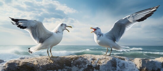 Seagulls displaying an offish demeanor on a seaside perch. - obrazy, fototapety, plakaty