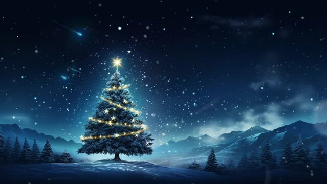 Magical glowing Christmas tree with night sky background and shooting star animation. Seamless looping video background animation. Generated with AI