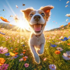 happy dog running and bounding through a field of wildflowers on a beautiful day