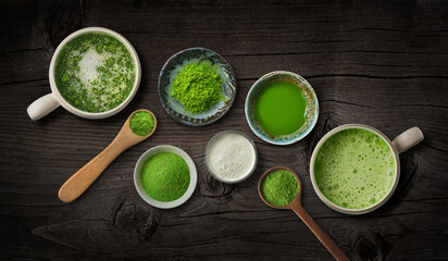 Matcha latte tea grouping or gathering with raw matcha and coconut milk