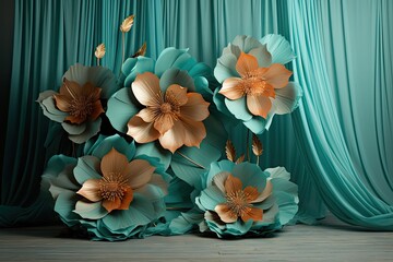 Maternity backdrop, wedding backdrop, photography background, maternity props, Light hoop weaved teal and coral flowers, elegant wall background, flowing white satin drape, backdrop, giant flowers