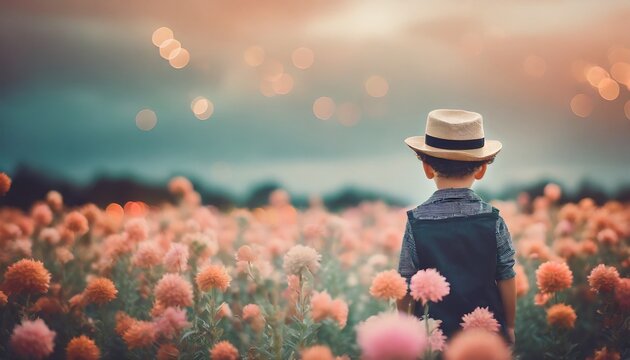 dreamy image of boy in flower field, 16:9 widescreen background / wallpaper