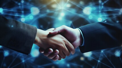 Close up of business people shaking hands against technology background, leader, teamwork, target, Aim, confident, achievement, goal, on plan, finish, generate by AI