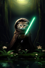 Cat wearing hooded outfit holding green laser light saber