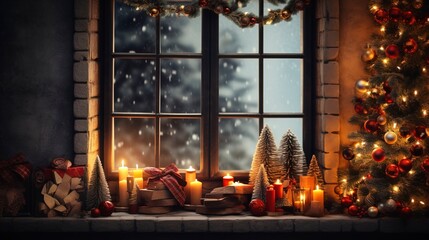 Christmas window sill and fireplace, copy space, generative ai