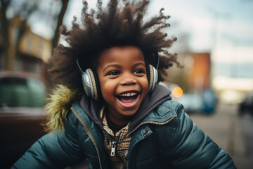 Portrait of a happy young black boy smiling thrilled, with big curly hair outdoors in a street wearing a jacket and a headset, intense expression playful smile joy afro american child african american - obrazy, fototapety, plakaty
