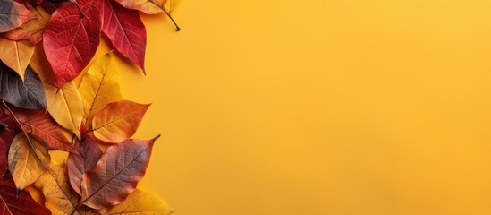 Vibrant Autumn Red and Yellow Leaves with copy space on Yellow Background, Generative Ai