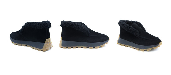 Fashionable suede leather boots with fur isolated on white background. View from all sides.