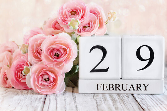 Leap Year February 29th Calendar Blocks with Pink Ranunculus
