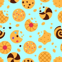 Foto auf Glas Cookies seamless pattern on blue background. Snack food repeat tile design. Tasty baked broken biscuits with crumb missing bite wallpaper. Crispy treat. Wrapping paper creative vector illustration. © julkirio