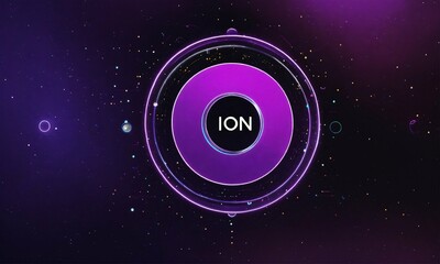 A logo with a plain black background, that says ion with the letters purple, with the o filled in and little circles orbiting the o. company logo