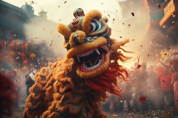 Chinese people are celebrating the New Year with firecrackers, dragon and lion dances - obrazy, fototapety, plakaty