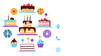 Obraz premium Confectionery visit card design template. Baked sweet dessert food business card. Bright colorful flat tasty elements donut cake slice muffin cookie for pastry shop or cafe vector illustration.