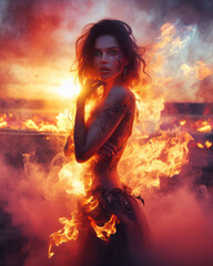 beautiful fire elemental goddess or demon burning with flames