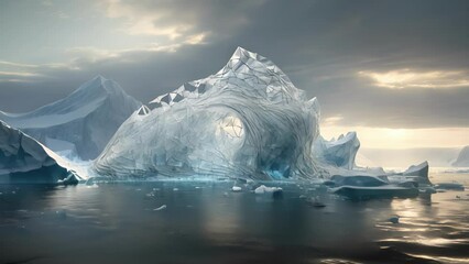 Striking contrasts of light and shadow dance along the intricate wireframe structure of this digital Antarctic iceberg, symbolizing the complexity of Big Data. .