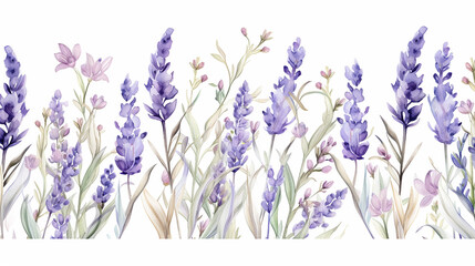 Lavender flowers watercolor illustration. Seamless border from lavender and eucalyptus watercolor. Medical and aroma lilac herb botanical drawing.