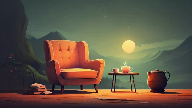 Minimal flat motion of a cup of tea and a cozy armchair, the perfect combination for getting lost in a fantasy novel and forgetting about the outside world. 2D cartoon animation. .
