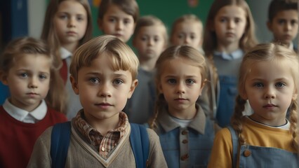 Portrait of group of european young kindergarten children on school from Generative AI