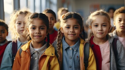 Portrait of group of diversely inclusive young kindergarten children on school from Generative AI