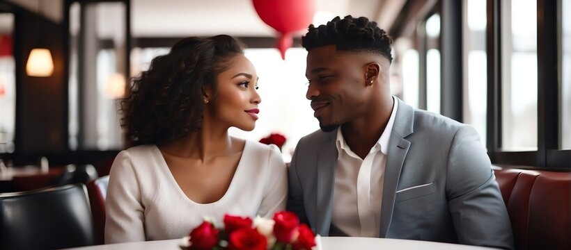 Portrait of a young black couple celebrating valentine's day on a date in a restaurant, white theme from Generative AI